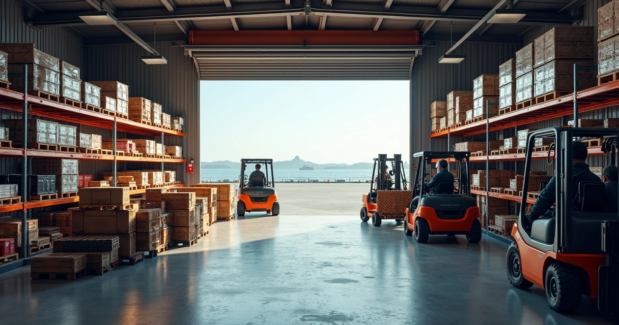 Warehouse with maritime supplies and staff