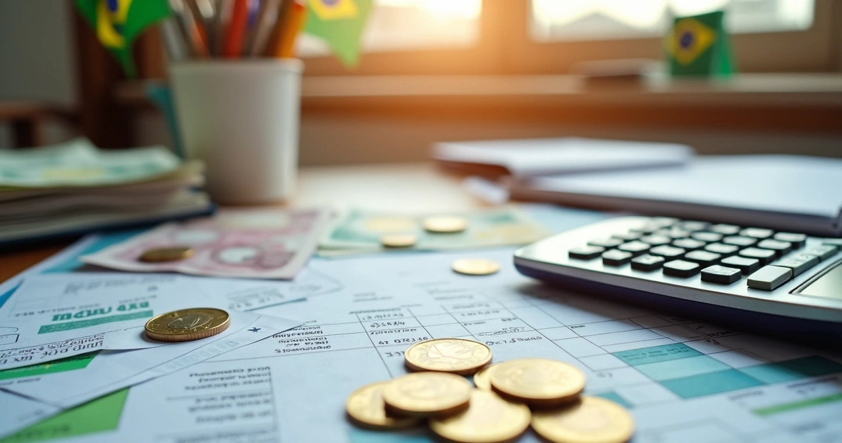 Brazilian tax documents and calculator on desk 