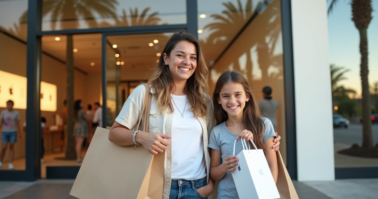 Família brasileira sorridente segurando sacolas da Apple na frente da loja em Orlando 