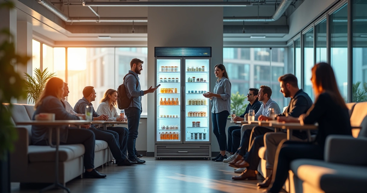 Colaboradores tirando uma pausa juntos em área de convivência moderna com geladeira inteligente ao fundo. 