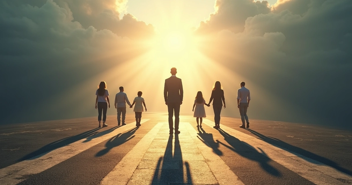 Person standing confidently at a crossroads with shadows of family members behind