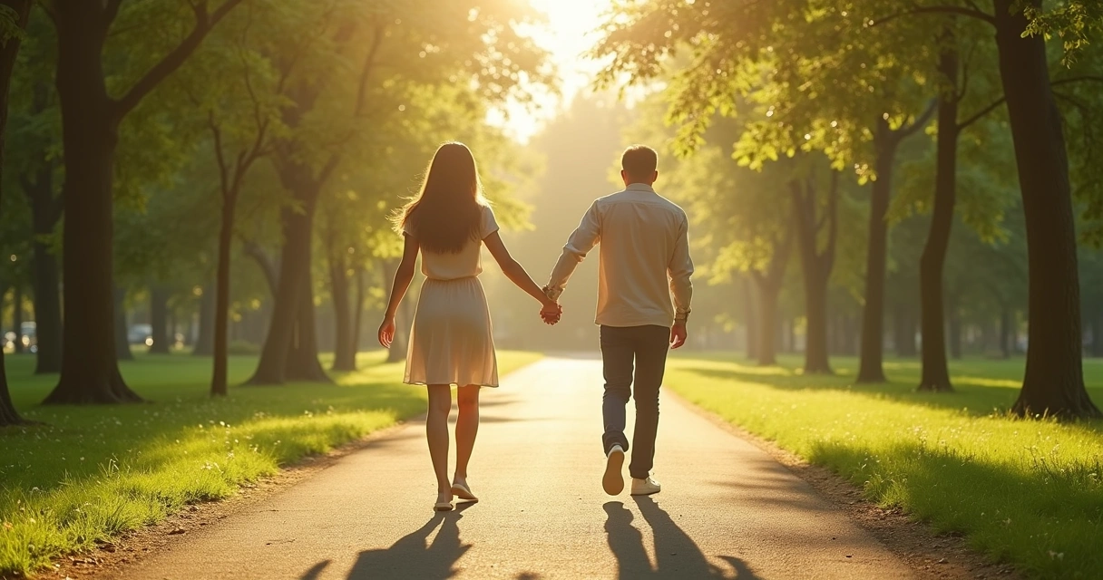 Couple walking together, one reaching back to let go of a fading shadow 