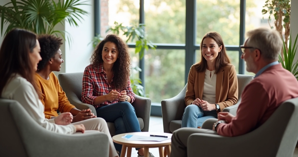 Diverse team sitting in circle having an open, relaxed discussion 