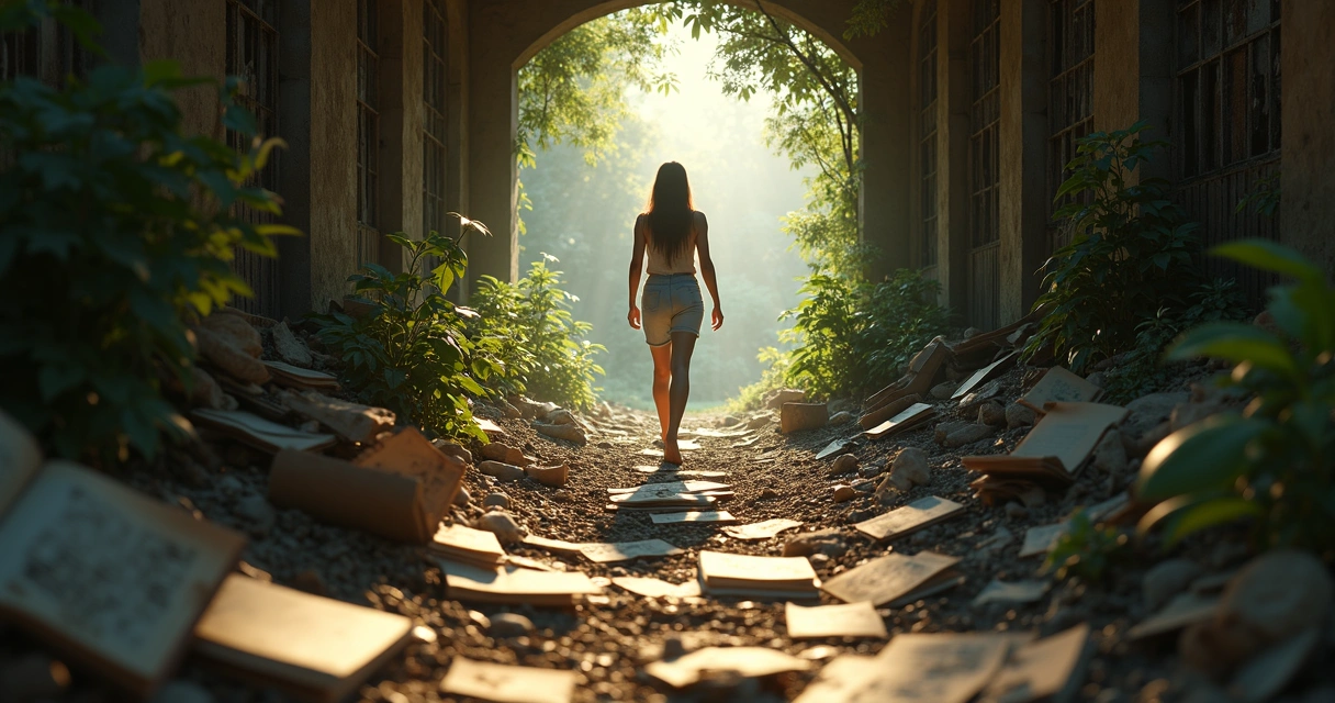 Person stepping out of a shadow, light illuminating a new path