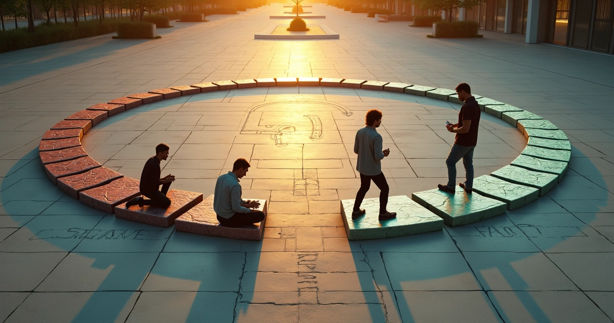 People standing on circular stepping stones transforming a red loop into a green path 