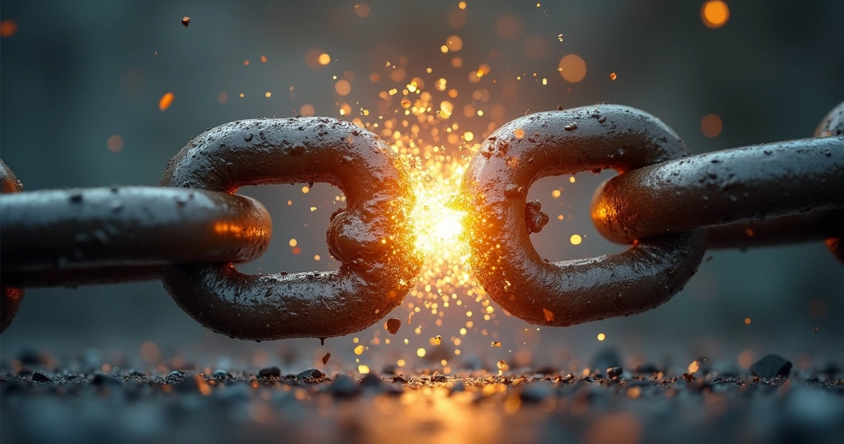 Broken chain links with light shining through