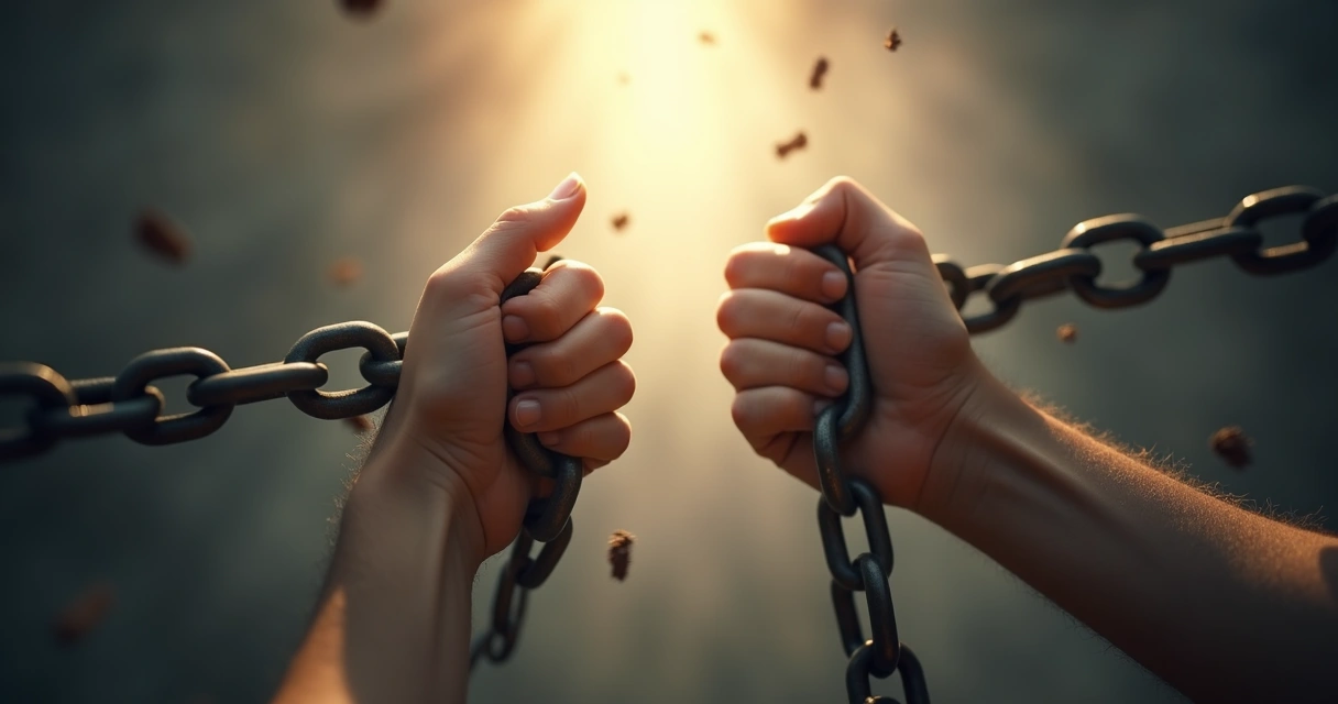 Hands breaking invisible chains, symbolizing the release from limiting beliefs