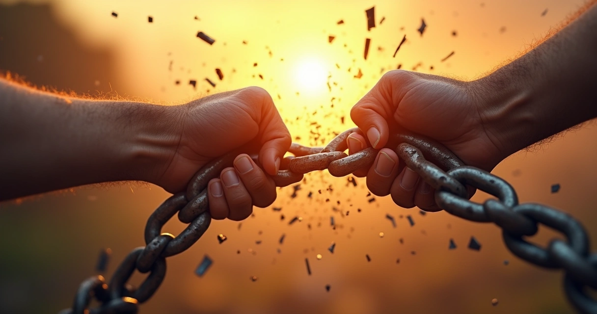 Close-up of hands breaking free from chains toward sunlight