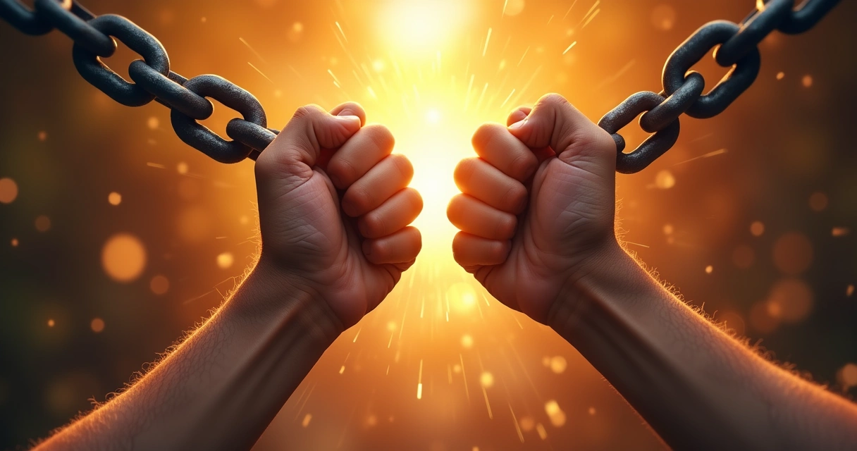 Hands breaking chains with light in background 