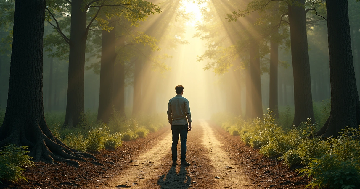 Person standing between two paths symbolizing breaking old patterns 