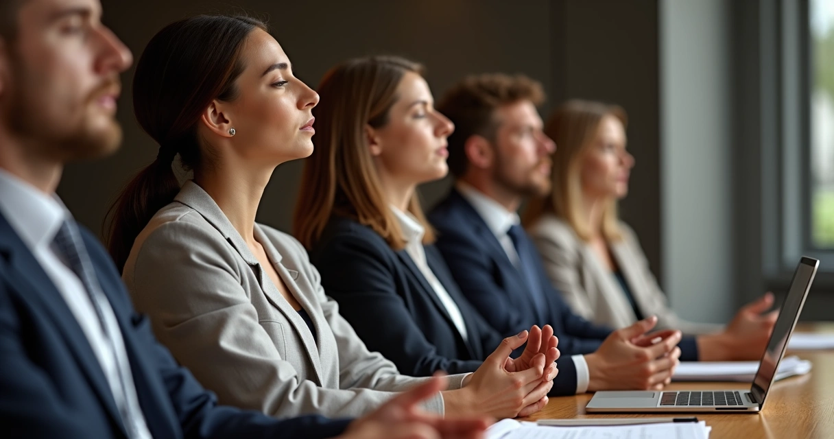 Colleagues in a leadership meeting pausing for a mindful moment together