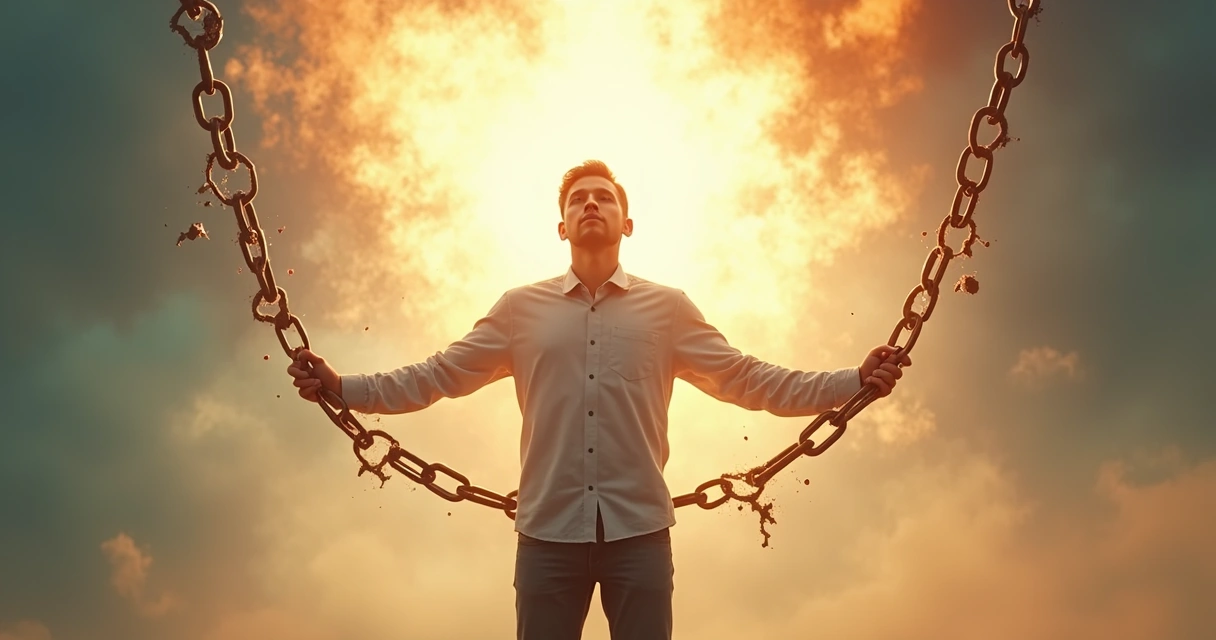 Person breaking a chain with light emerging 