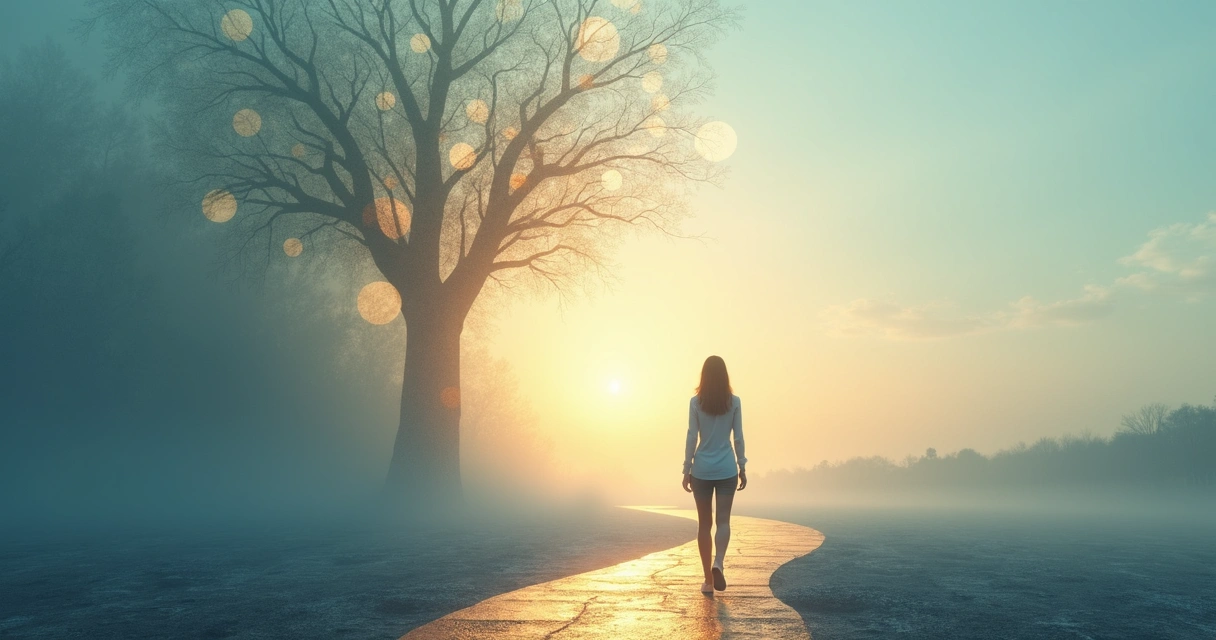 Person walking along a glowing path leaving fragmented emotional patterns behind 