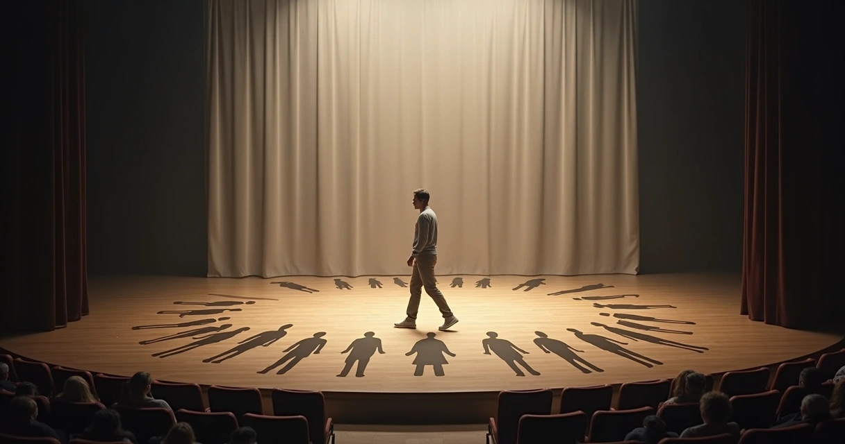 Person on theater stage stepping out of repeated silhouettes across floor 