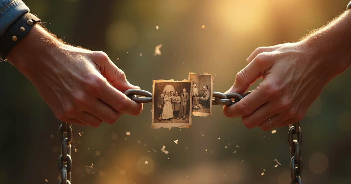 Hands breaking a chain with family photos attached 