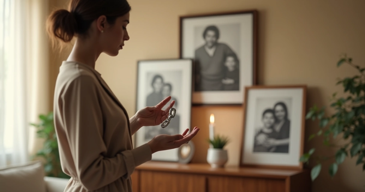 Adult quietly holding a broken chain beside faded family portraits 