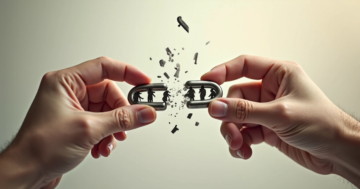 Hands breaking a symbolic chain made of family silhouettes 