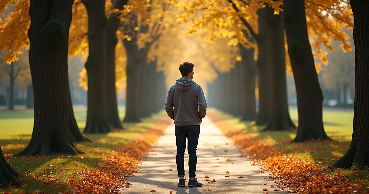 A young adult looking contemplative while standing at a crossroads in a wooded park 