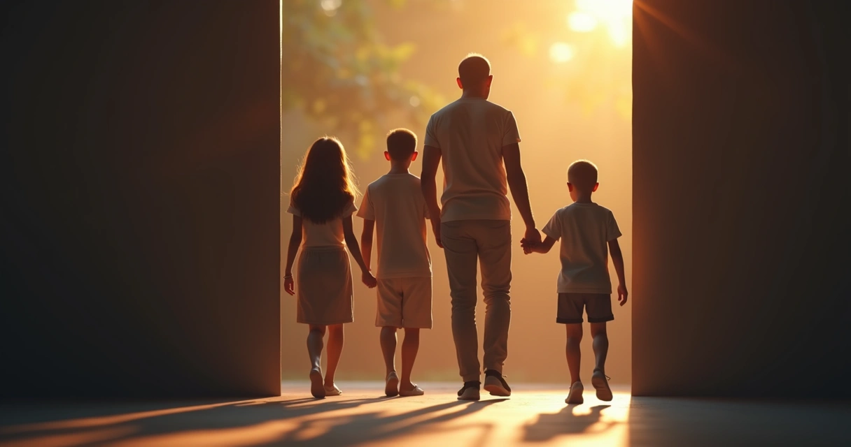 Person stepping out from a shadowed family group 