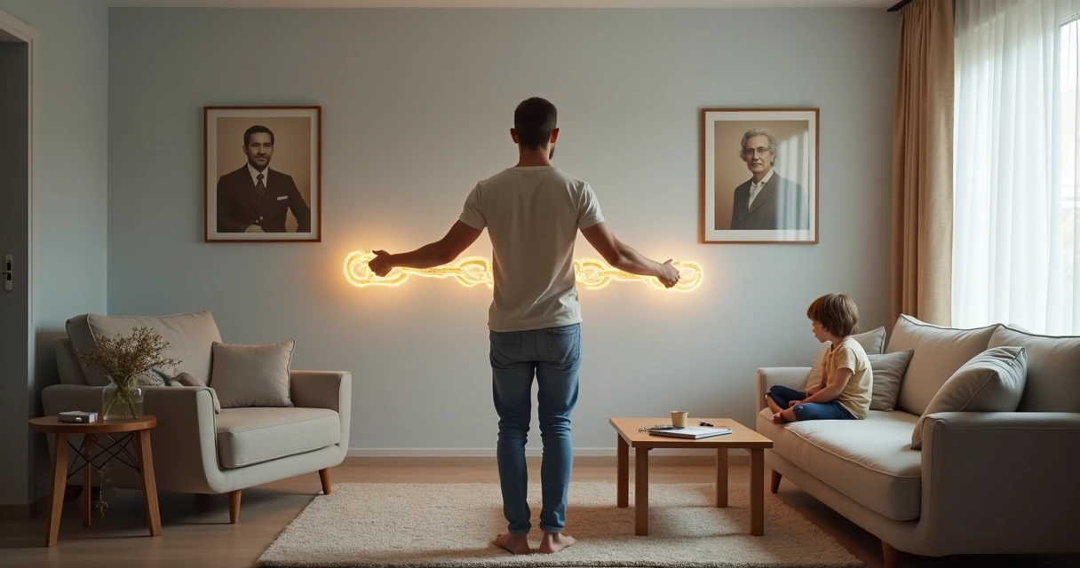 Adult breaking a glowing chain between generations in a calm living room 