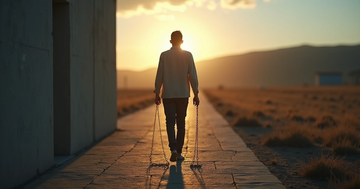 Person walking out of shadow chains toward a bright open landscape 