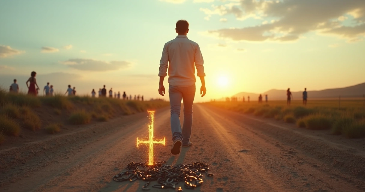 Person walking away from heavy chains toward a bright open landscape 