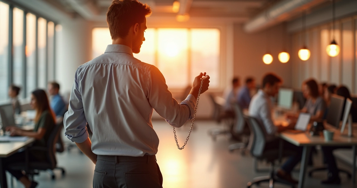 Professional quietly breaking subtle chains connecting them to colleagues at work 