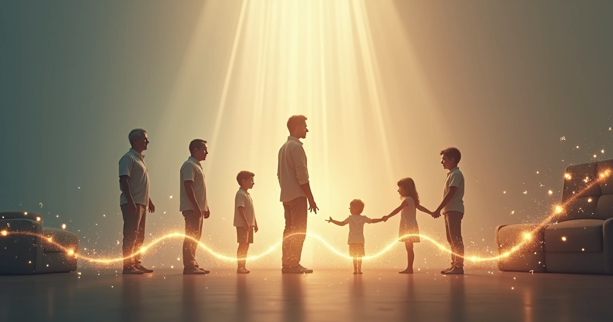 Adult standing between older generation and child breaking a glowing emotional chain 