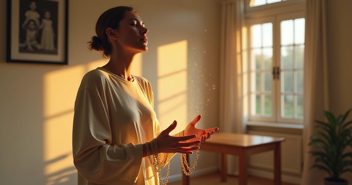 Person gently breaking symbolic chains of guilt in a calm home setting 