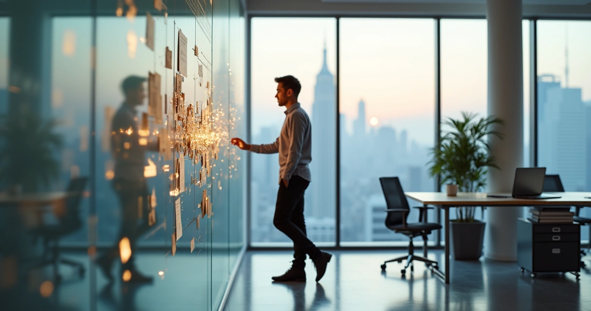 Employee in modern office stepping away from translucent chain of expectation diagrams 