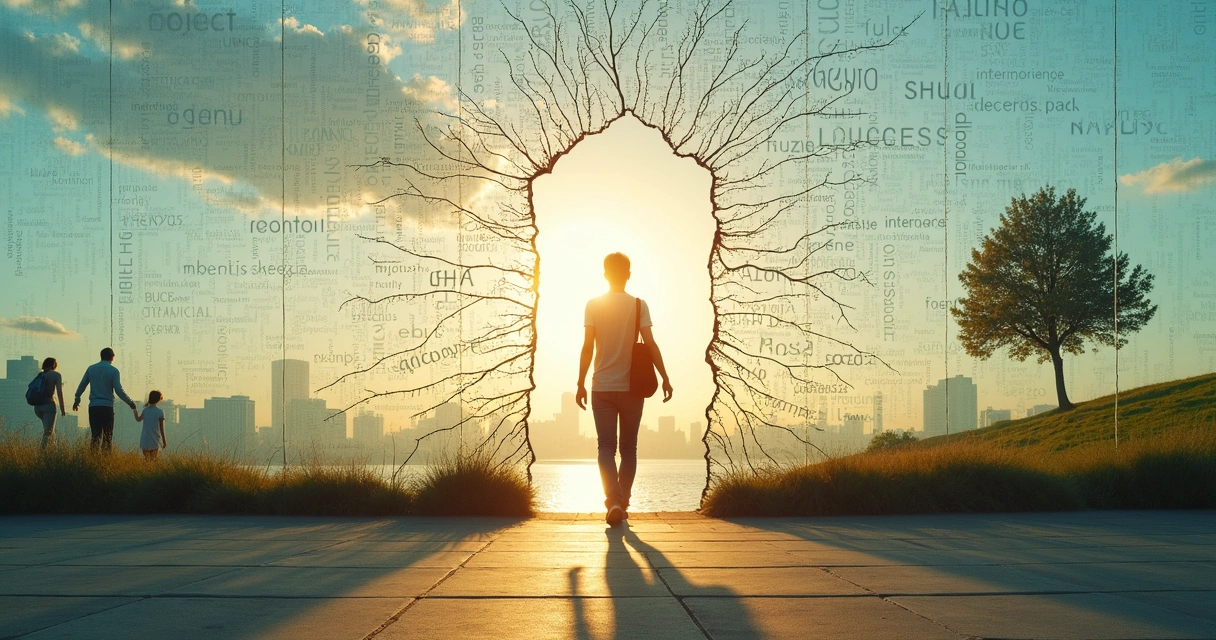 Person stepping through a transparent wall made of words in a calm natural landscape 