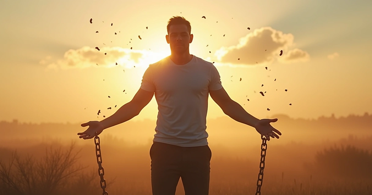 Person breaking invisible chains around themselves, representing overcoming internal limits 