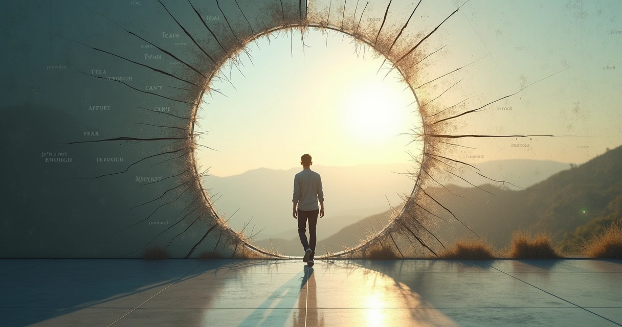 Person stepping through a cracked glass wall of thoughts into a bright open landscape 