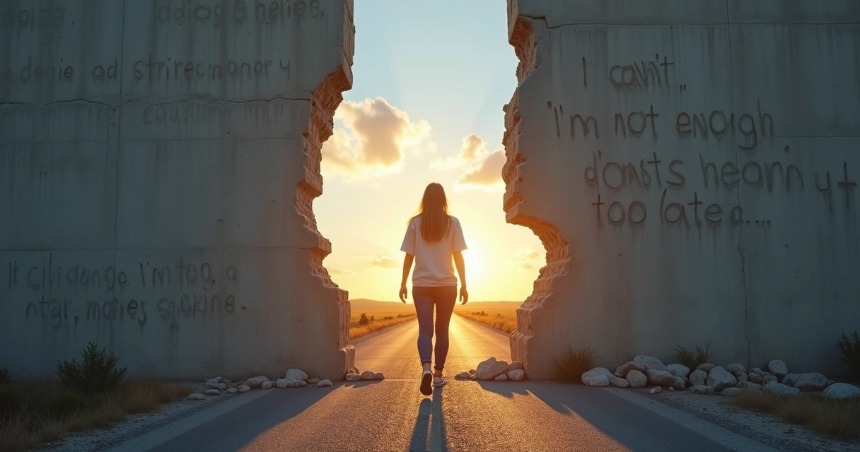 Person stepping through a cracked wall onto a bright open road 