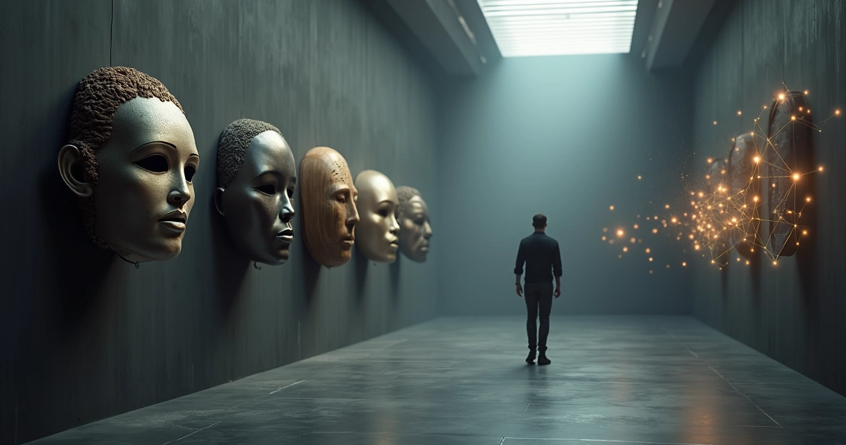 Person walking past hanging masks of symbolic beliefs in a dim gallery 