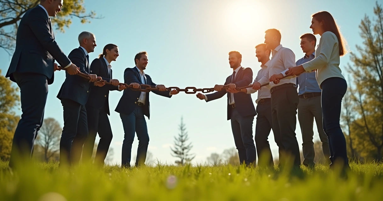 A group of people breaking a chain together in an open outdoor setting