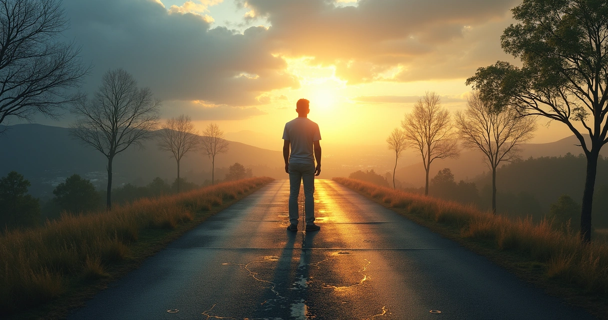 Person standing at a crossroads between a dark past and a bright future 