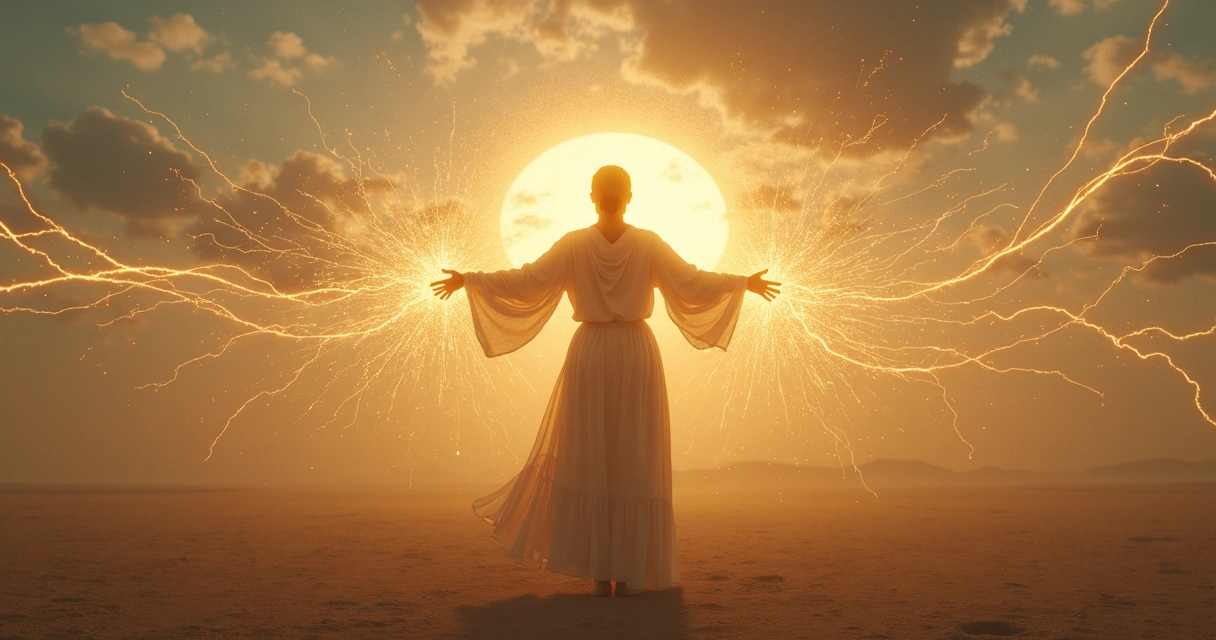 Person breaking free from glowing thread bonds in a surreal landscape 