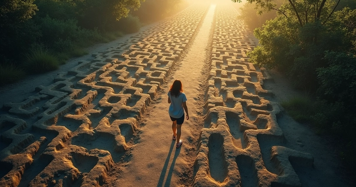 A person walking away from a maze of repeated footprints towards an open, new path.