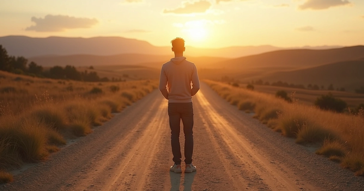 Person standing on a path that splits into a loop and an open road 