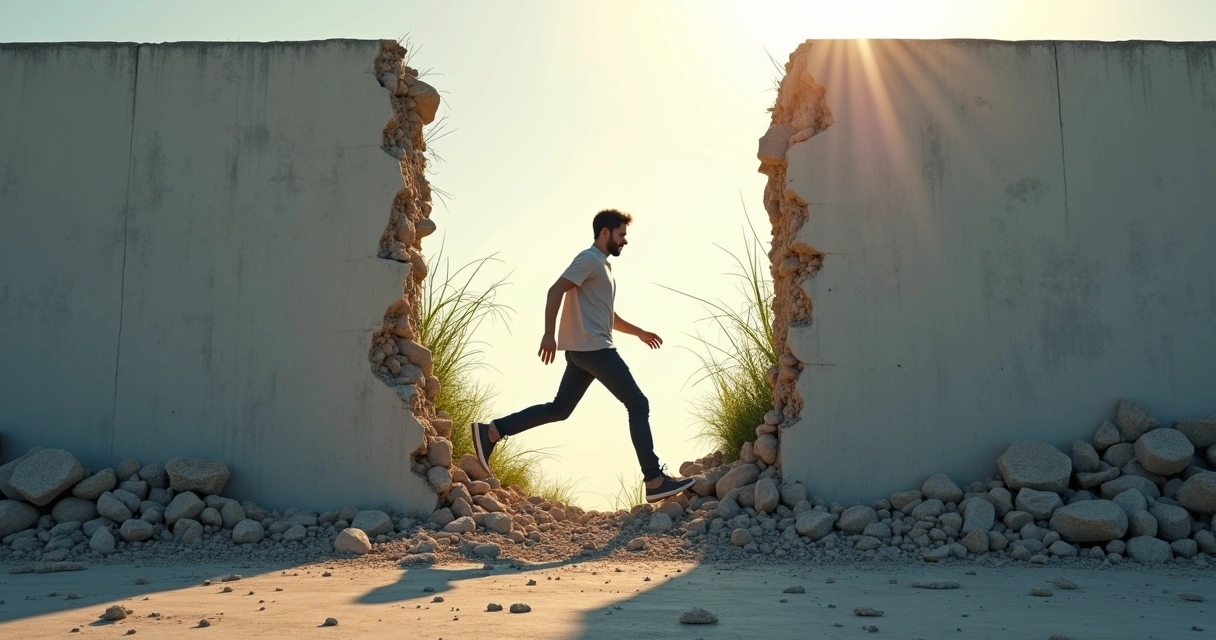 Person stepping over cracked wall representing resistance breakthrough 