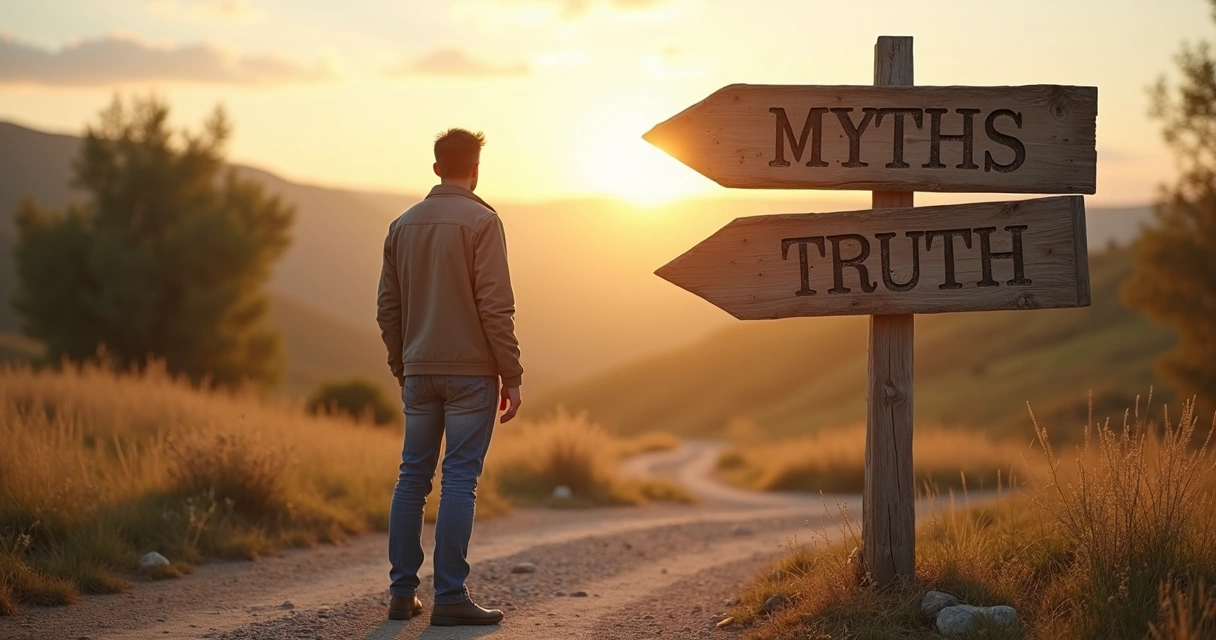 Person on crossroads path facing road signs labeled myth and truth 