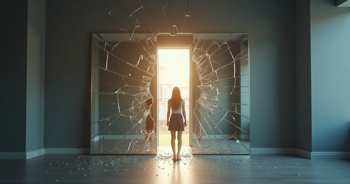 Person stepping through fragmented mirror into brighter room 