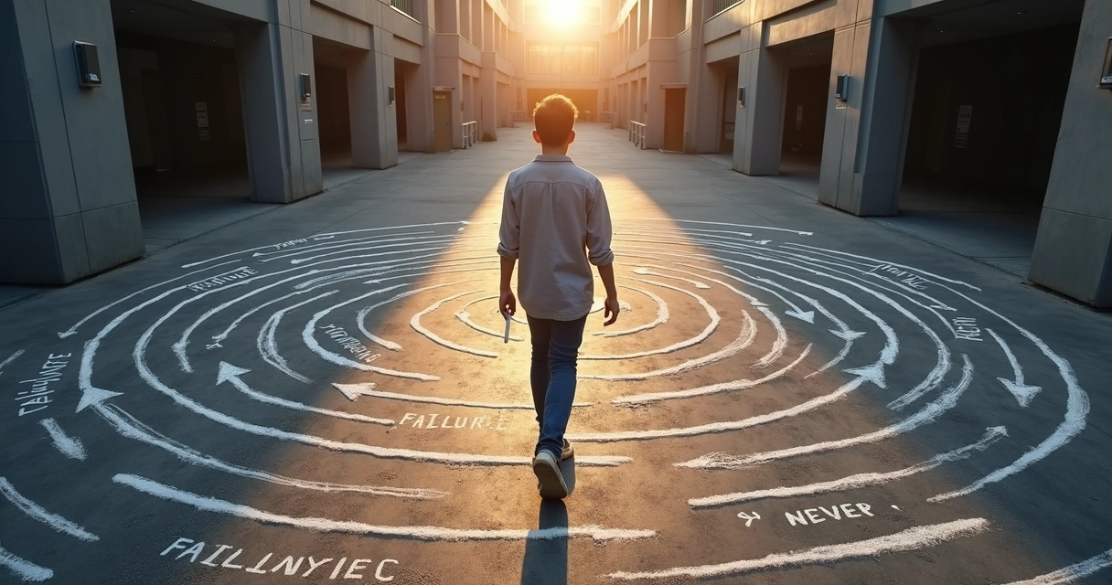 Person stepping out of a chalk maze erased to reveal open ground 