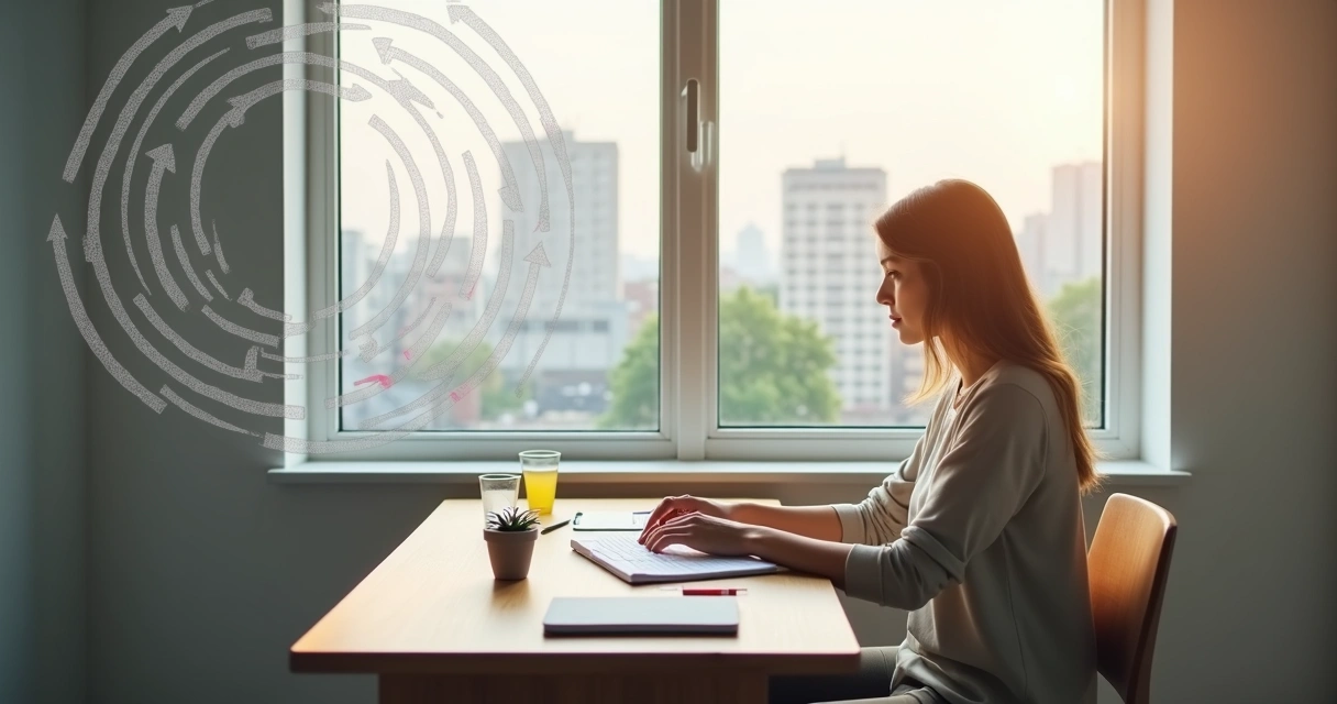 Person stepping out of a looping path into clear daylight 