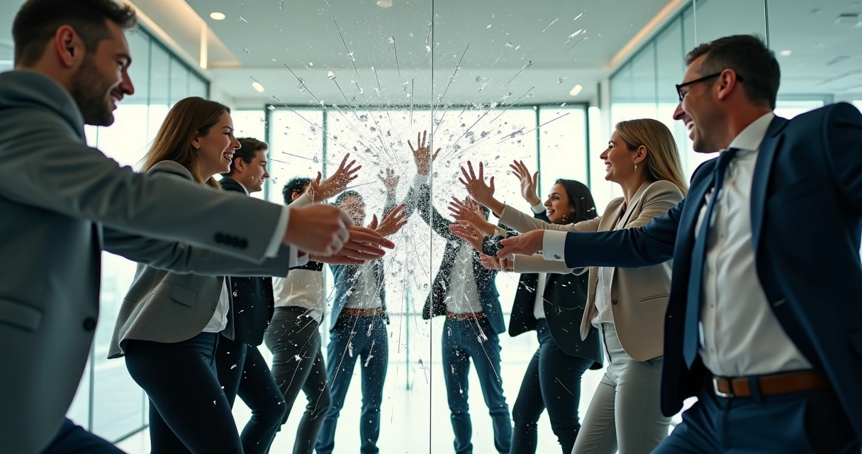 A group breaking through a barrier of glass together in office clothing