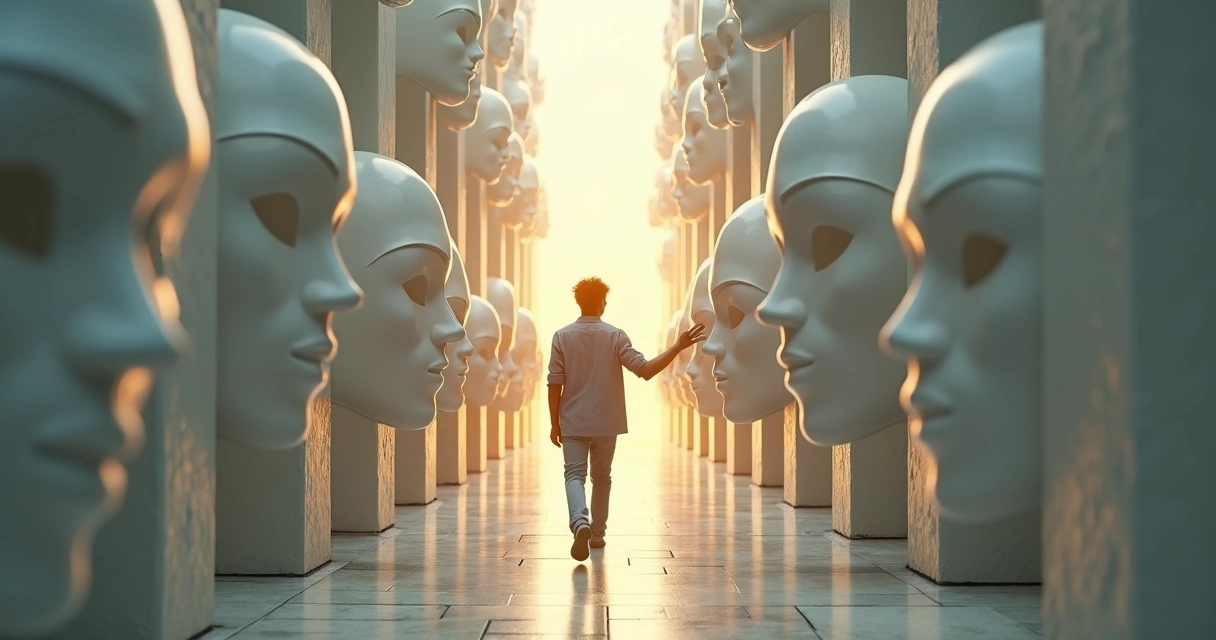 Person walking through a maze of social masks toward a bright exit 