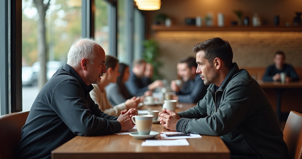 Two people sitting at a table, discussing a difficult topic in a coffee shop. 