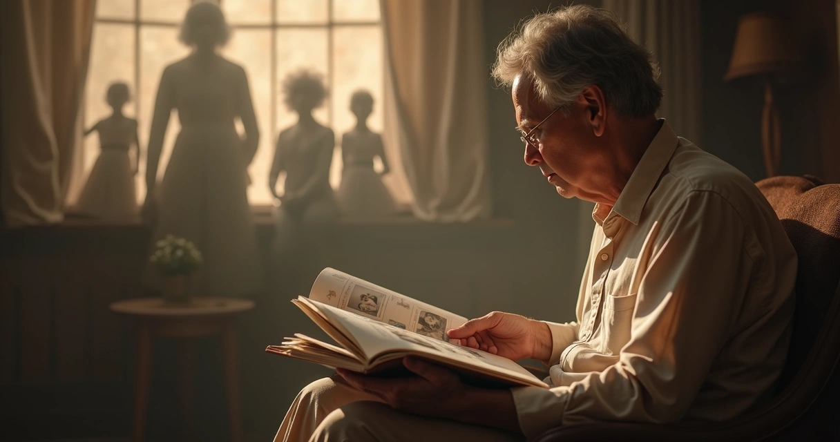 Person thoughtfully reflecting on a family photo, symbolizing breaking free from unconscious patterns 