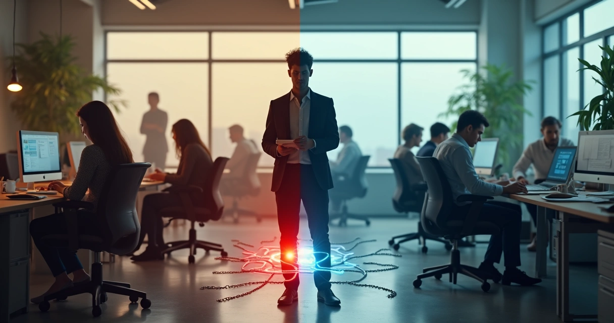 Professional breaking anxious workplace cycle in calm modern office 